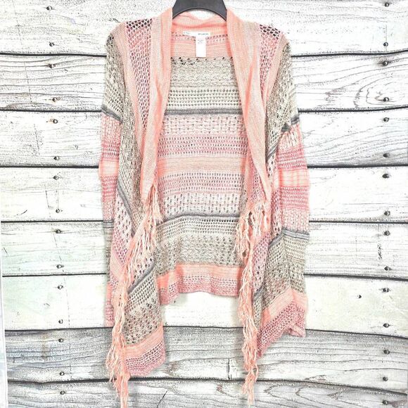 Maurices Open Knit Fringe Cardigan Peach Gray S - Picture 1 of 6